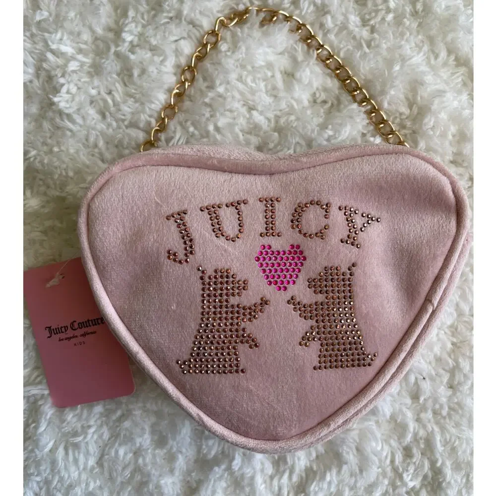 Juicy Couture Kids Mini Soft Pink Heart Gold Chain Rhinestone Purse Shoulder Bag